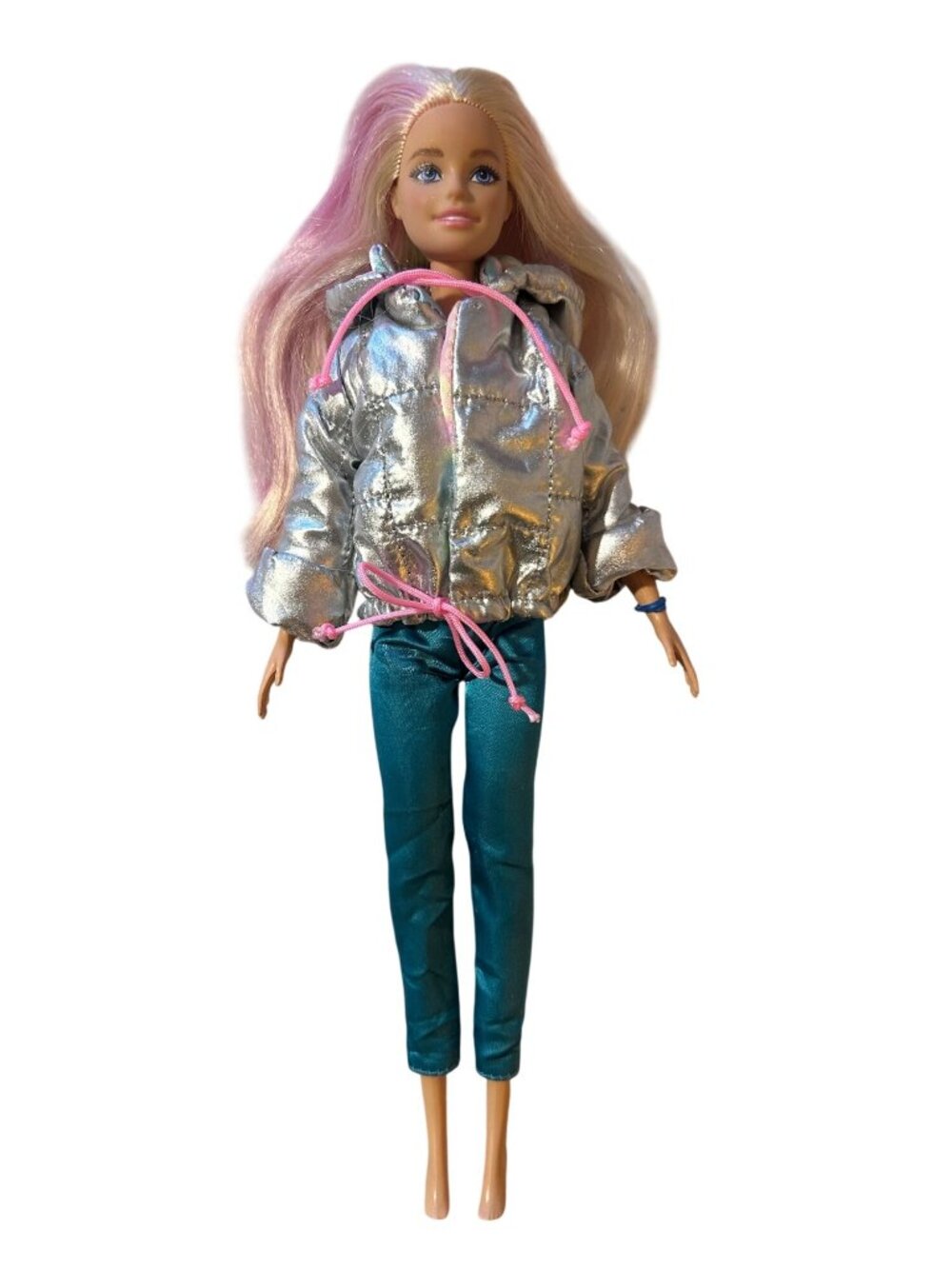 Barbie Doll 2015 Mattel Blonde Pink Hair Silver/Multi Jacket & Teal Pants